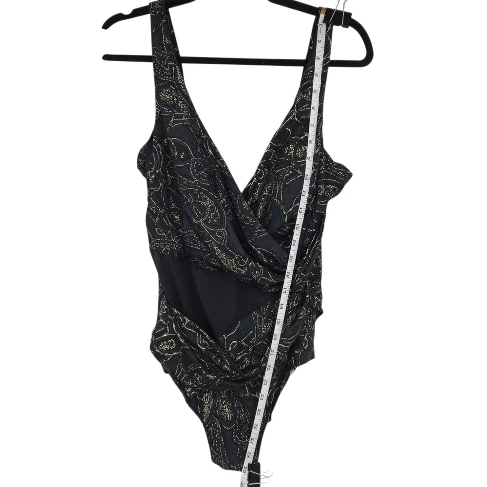Miraclesuit One Piece Swimsuit Women 16 Black Gold Paisley Mesh Surplice Glam